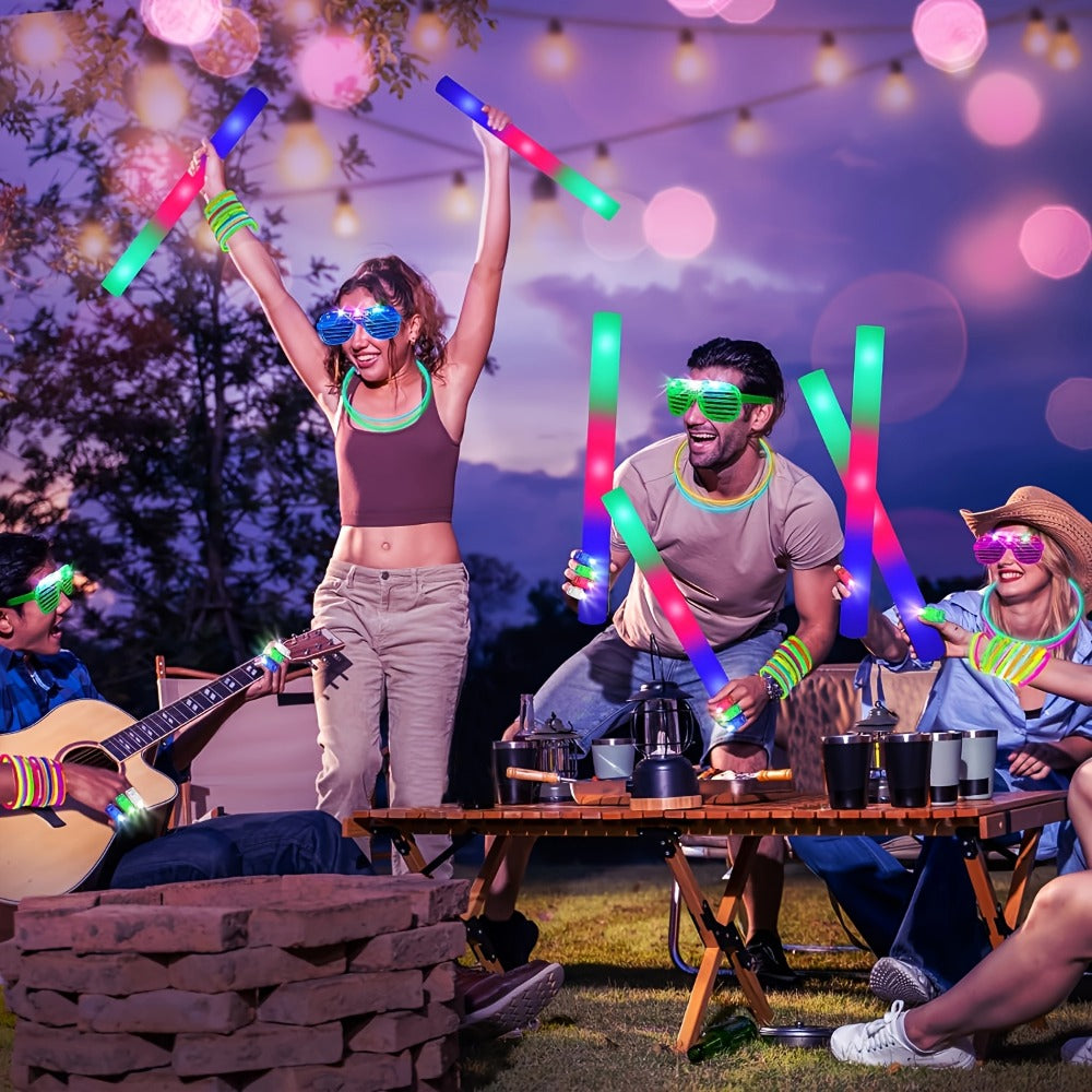 LED Glow Sticks Party Set, Foam Glow Sticks with 3 Light Modes, Glow Glasses, Headbands & Finger Lights for Rave