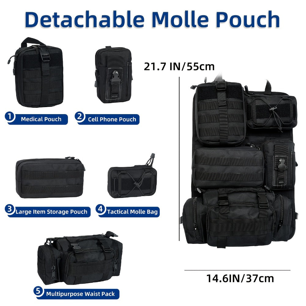 Tactical Car Seat Organizer – MOLLE Nylon Seat Back Storage Bag with 5 Pockets, Front & Rear Seat Protector for Jeep, Truck