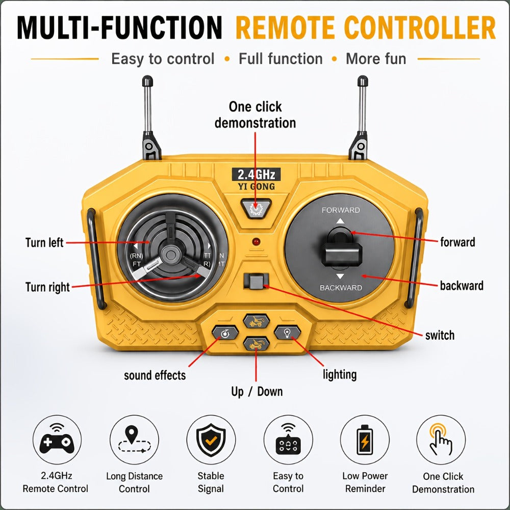 RC Bulldozer 9-Channel 2.4GHz Remote Control, Multifunctional Engineering Vehicle Toy with Alloy Metal Cover