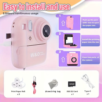 Kids Instant Print Camera 3-in-1 with MP3 & Games, 10x Zoom, 2.4" HD Screen, 32GB Card, Prints Photos in 1 Second