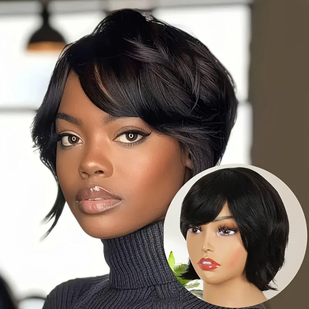 Pixie Cut Wig Human Hair with Bangs Glueless Short Brazilian Layered Machine Made Throw-On-and-Go Hairpiece Natural Black 1B Medium Brown #4