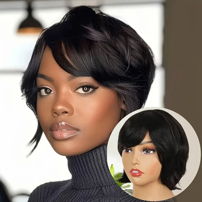 Pixie Cut Wig Human Hair with Bangs Glueless Short Brazilian Layered Machine Made Throw-On-and-Go Hairpiece Natural Black 1B Medium Brown #4