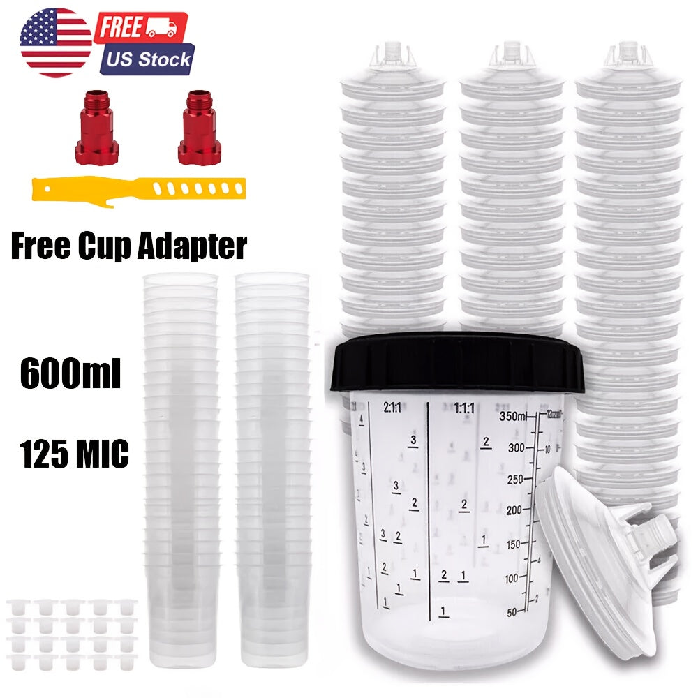 Disposable Paint Spray Gun Cup Liner & Lid System 50-Pack – Includes 50 Cup Liners, 50 Lids, Hard Cup with Retainer Ring