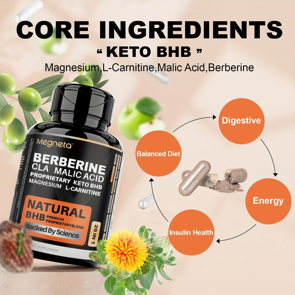 Keto BHB Weight Loss Capsules 20-in-1 with L-Carnitine CLA Berberine Malic Acid, Fat Burn Insulin & Liver Health Support