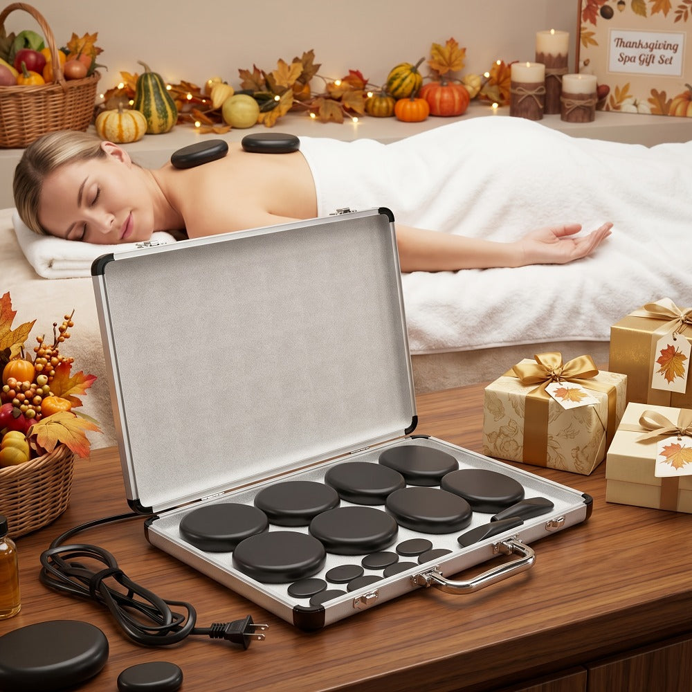 18-Piece Basalt Hot Stone Massage Set with Warmer, 4 Sizes for Full Body Deep Relaxation, Professional