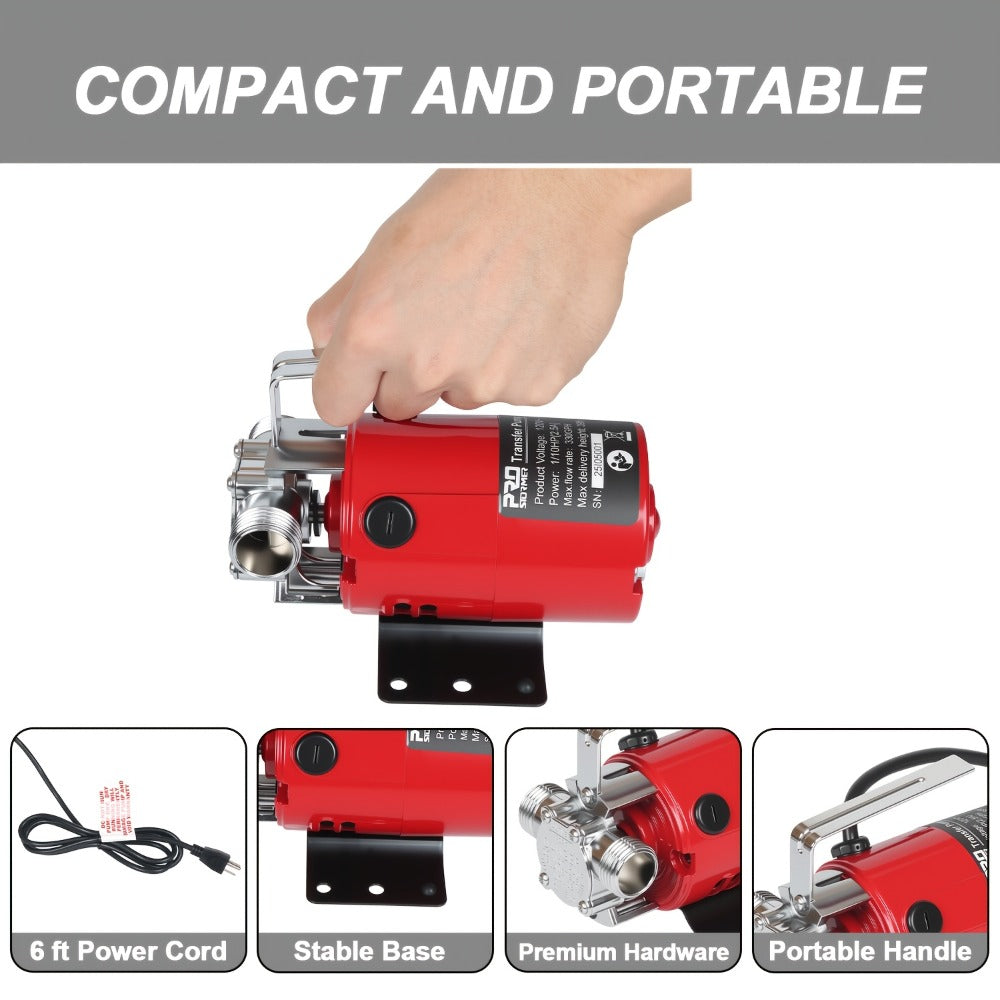 Portable Electric Water Pump 330 GPH, 1/10 HP 120V Utility Pump with Hose, High-Flow Water Transfer Pump for Pool Drain