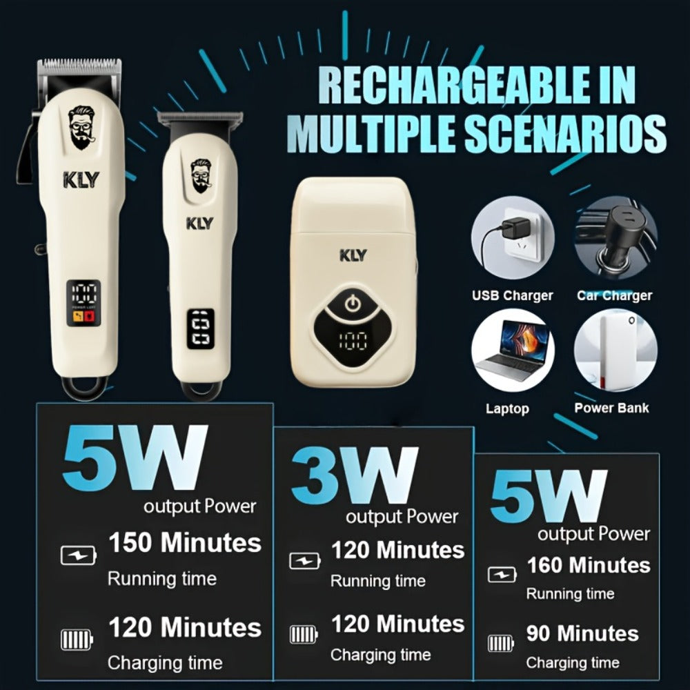 Hair Clippers & Trimmers KLY White Full-Size Clipper with LCD Display, USB Charging and Guide Comb Set
