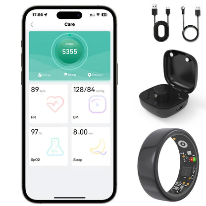 Smart Ring Fitness Tracker with Charging Case – Sleep Tracker Step Counter Distance Monitor for Women & Men | Sizes 7-13 | Black Silver Gold
