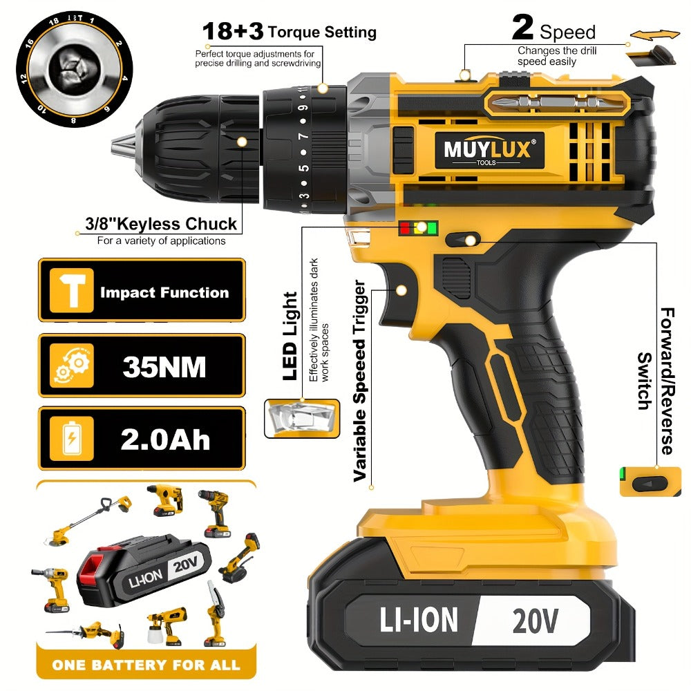 20V Cordless Drill Set Impact Power Drill 3/8 Inch Keyless Chuck 18+3 Clutch 45Nm Max Torque for Entryways, Bedrooms and Living Spaces