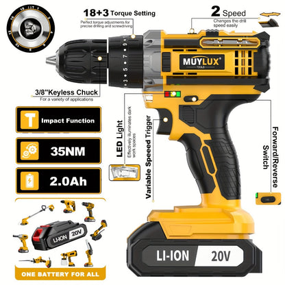 20V Cordless Drill Set Impact Power Drill 3/8 Inch Keyless Chuck 18+3 Clutch 45Nm Max Torque for Entryways, Bedrooms and Living Spaces