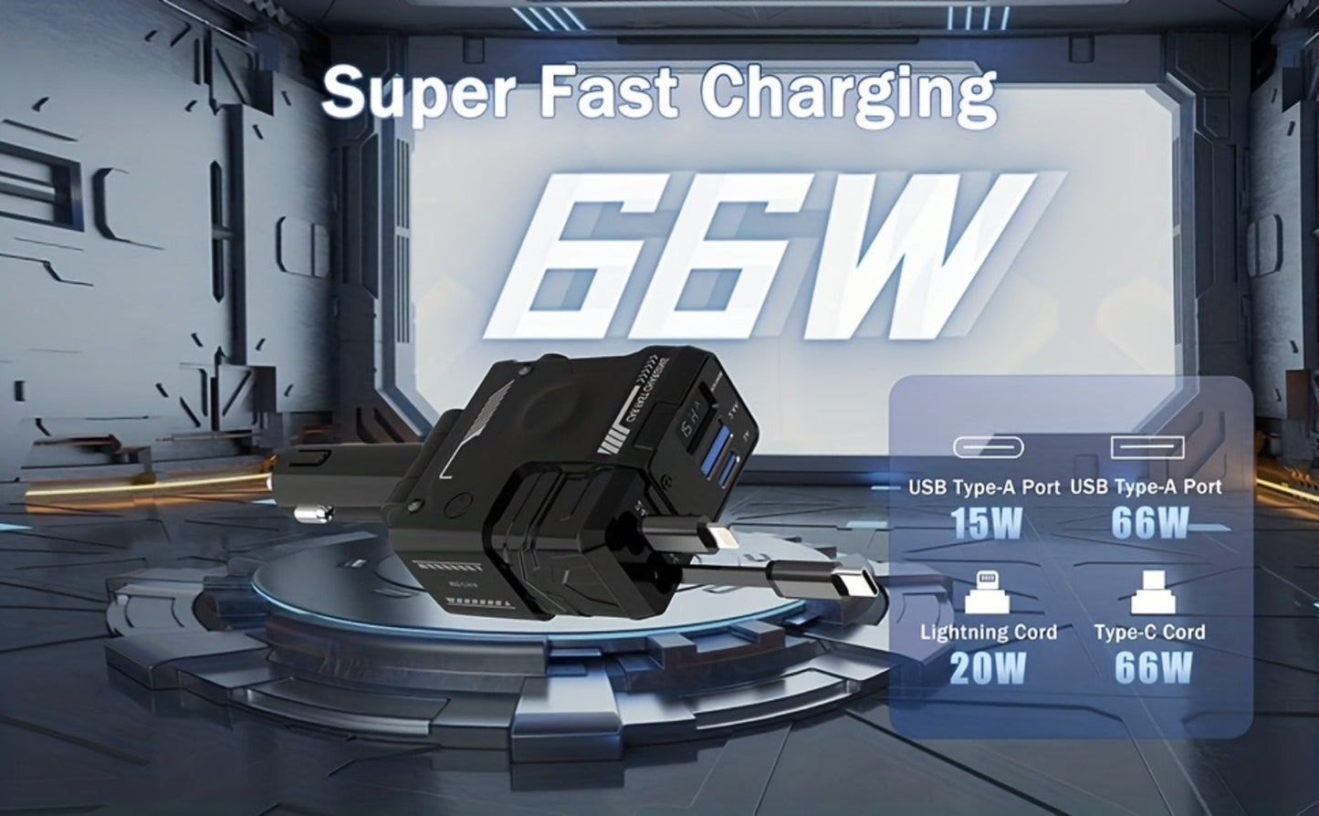 Dual Retractable Cable Car Charger 4-in-1 with Lightning & Type-C 31in, 2 USB-A Ports & Voltage Supervision
