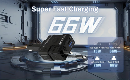Dual Retractable Cable Car Charger 4-in-1 with Lightning & Type-C 31in, 2 USB-A Ports & Voltage Supervision