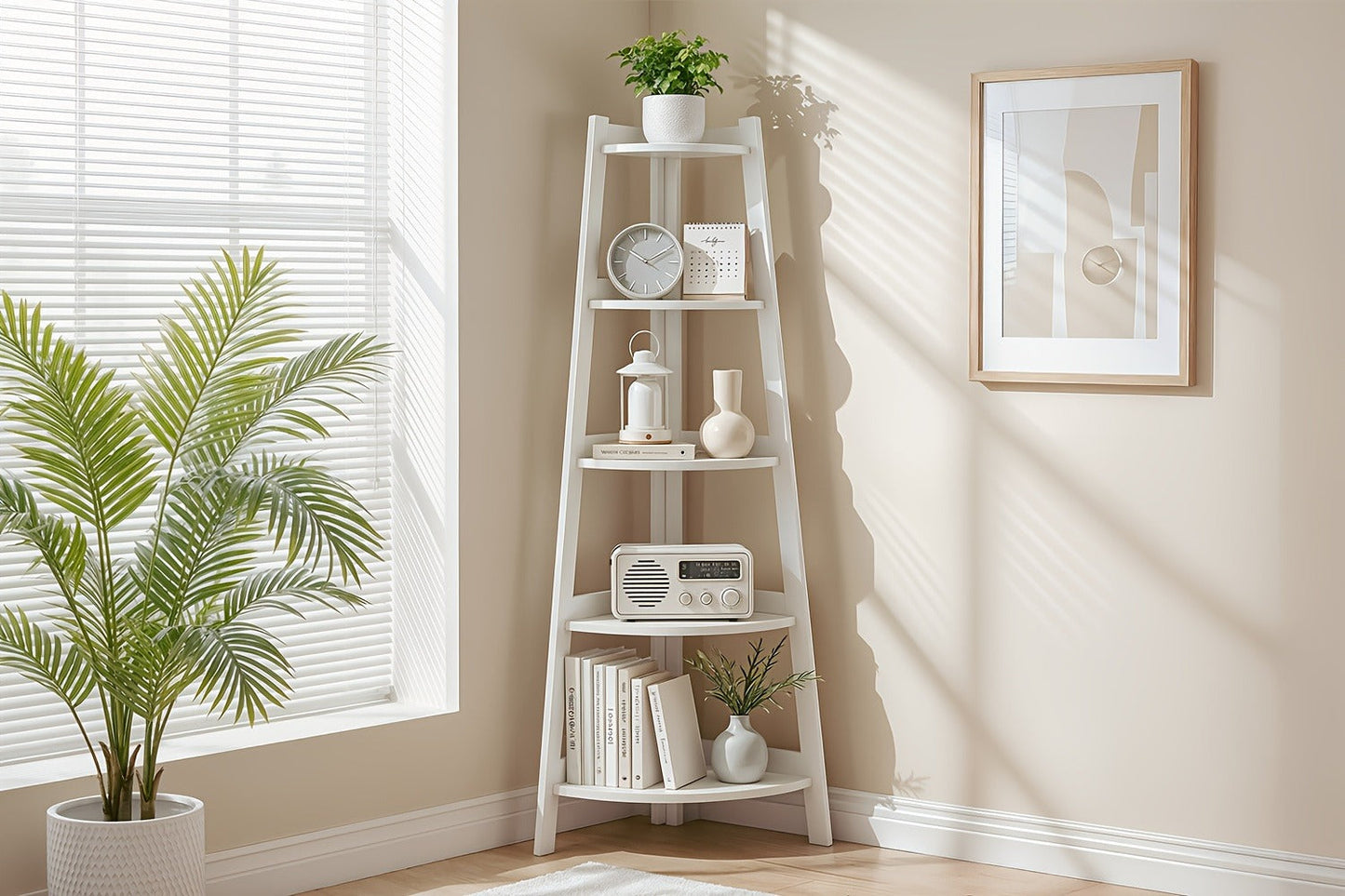 White Five-Tier Ladder-Style Freestanding Corner Shelf, Approximately 110 cm High and 34 cm Wide