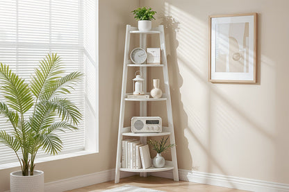 White Five-Tier Ladder-Style Freestanding Corner Shelf, Approximately 110 cm High and 34 cm Wide