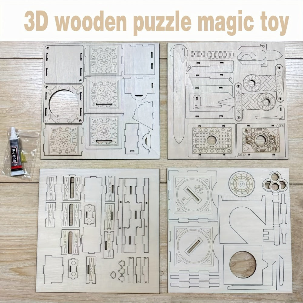 Wooden Magic Trick Set 4-Piece Kit, STEM Magic Puzzles with Sword Finger, Coin & Key Penetration