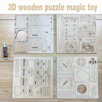 Wooden Magic Trick Set 4-Piece Kit, STEM Magic Puzzles with Sword Finger, Coin & Key Penetration