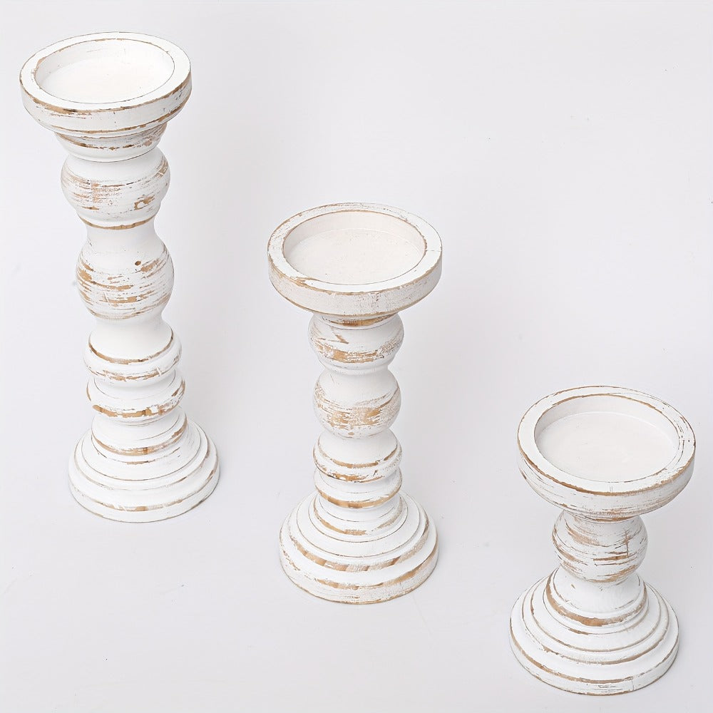 Wood Pillar Candle Holder Set of Three with Turned Pedestal Profiles, 16cm, 23cm and 30cm Heights in Three Finishes