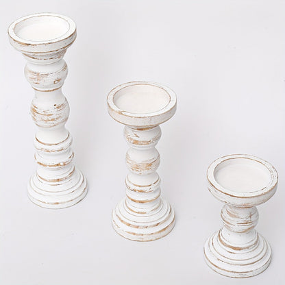 Wood Pillar Candle Holder Set of Three with Turned Pedestal Profiles, 16cm, 23cm and 30cm Heights in Three Finishes