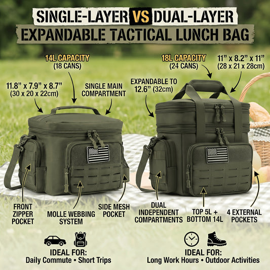 Tactical Insulated Cooler Lunch Box with MOLLE Webbing – Expandable & Leakproof, 3.7 Gal or 18L, for Hunting, Camping