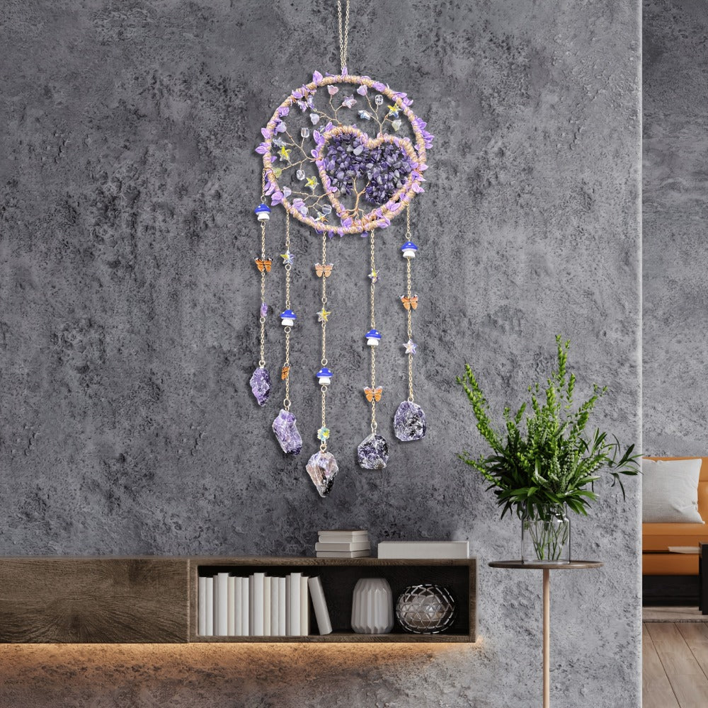 Boho Crystal Wall Hanging Decor – Handmade Stone Bead Wind Chime with Colorful Gemstone Heart & Circular Crystal Pendant for Bedroom Living