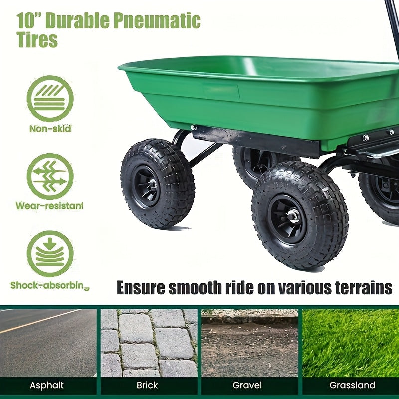 Garden Cart Steel Yard Wagon Dump Cart with 10 Inch Pneumatic Tires Utility Cart for Lawn Farm Gardening Green