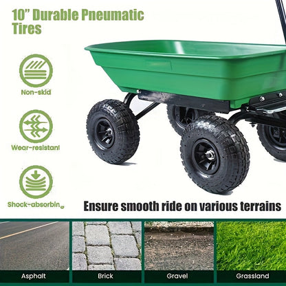 Garden Cart Steel Yard Wagon Dump Cart with 10 Inch Pneumatic Tires Utility Cart for Lawn Farm Gardening Green