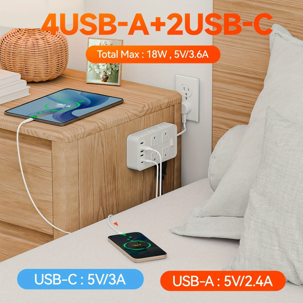One-Touch Switch Desk Charging Station 14-in-1, 8 Widely Distributed AC Outlets & 6 USB Ports (4 USB-A + 2 USB-C)