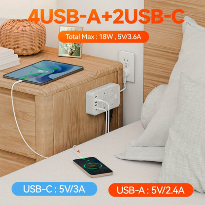 One-Touch Switch Desk Charging Station 14-in-1, 8 Widely Distributed AC Outlets & 6 USB Ports (4 USB-A + 2 USB-C)