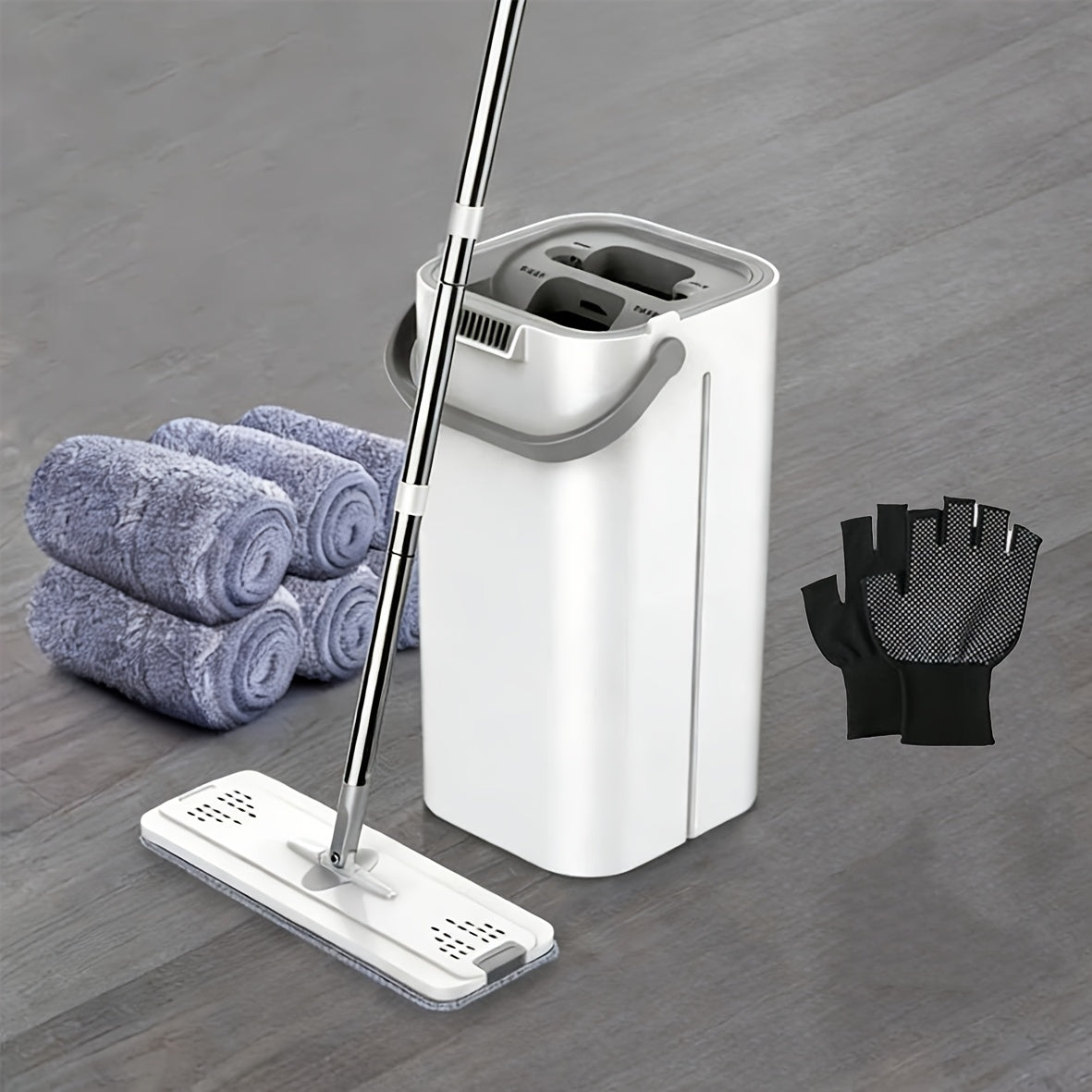 Hands-Free Flat Mop with Bucket Set – 8pcs, 6 Microfiber Pads & Gloves, Dry & Wet Floor Cleaning for Bedroom, Kitchen & Bathroom