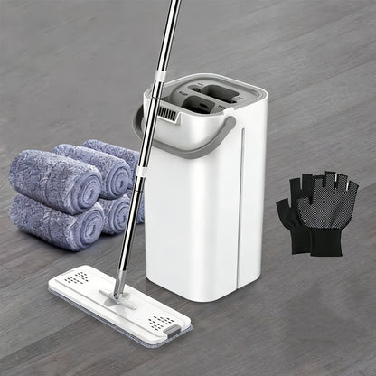 Hands-Free Flat Mop with Bucket Set – 8pcs, 6 Microfiber Pads & Gloves, Dry & Wet Floor Cleaning for Bedroom, Kitchen & Bathroom