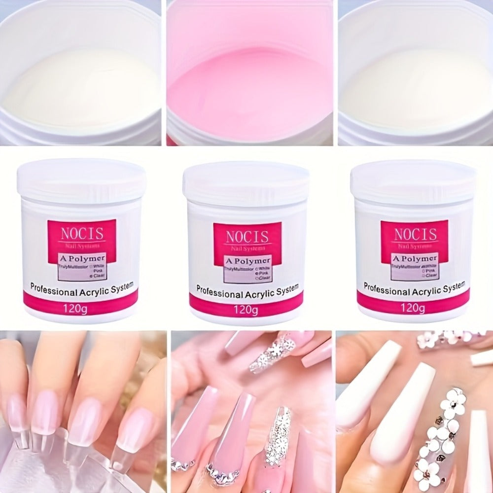 No Lamp Acrylic Nail Extension Powder 120g Clear Pink White, Crystal Formula for Carving 3D Nail Art