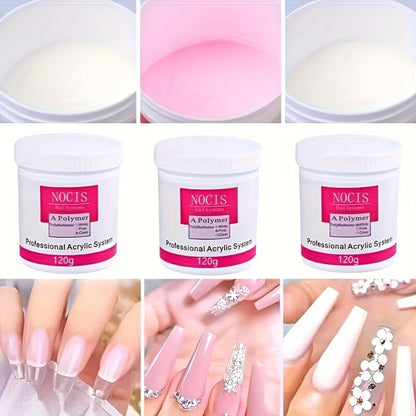 No Lamp Acrylic Nail Extension Powder 120g Clear Pink White, Crystal Formula for Carving 3D Nail Art