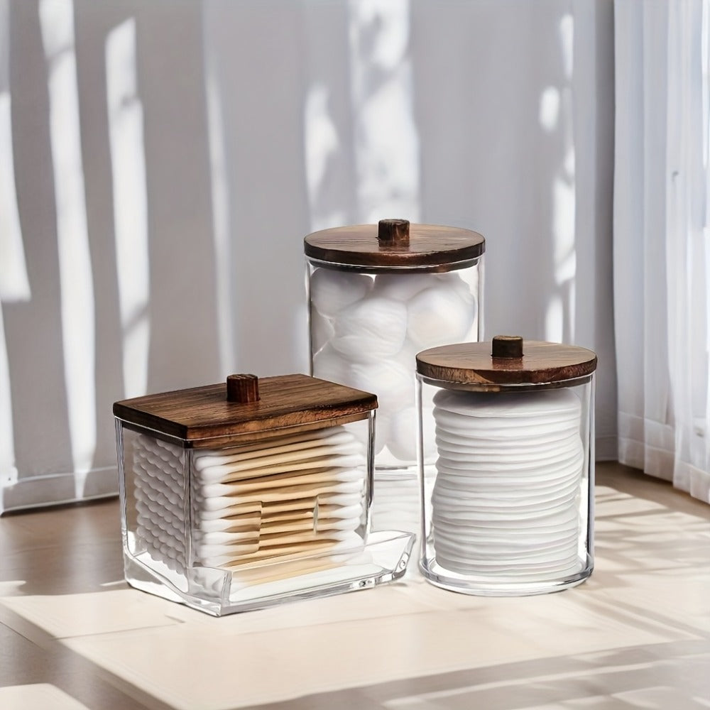 Three-Jar Clear Glass Storage Set with Two Round Jars, One Square Jar and Dark Bamboo-Look Lids