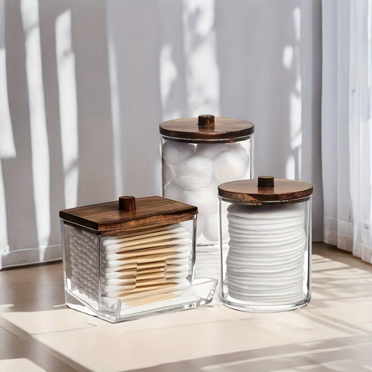 Three-Jar Clear Glass Storage Set with Two Round Jars, One Square Jar and Dark Bamboo-Look Lids