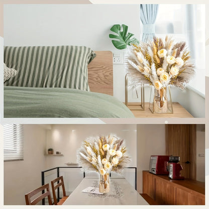 Dried Flower Bouquet Pampas Grass with Artificial White Beige Roses 51 91pcs Boho Dried for Entryways, Bedrooms and Living Spaces