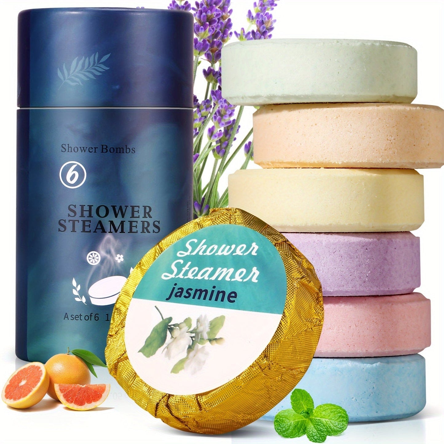 Six Assorted Shower Steamer Tablets in a Cylindrical Gift Box with 30 g Individually Wrapped Pieces