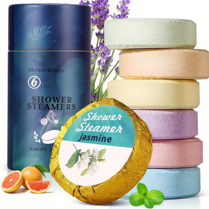 Six Assorted Shower Steamer Tablets in a Cylindrical Gift Box with 30 g Individually Wrapped Pieces
