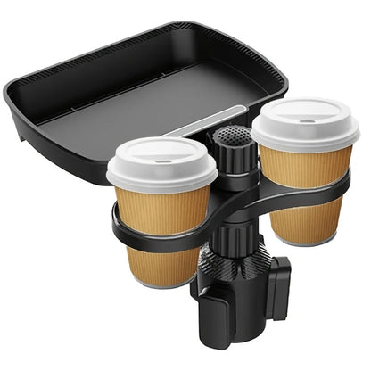 Rotating Car Cup Holder Expander with Dual Drink Rings, 4.3 x 6 Inch Tray, Adjustable Base and Black Finish