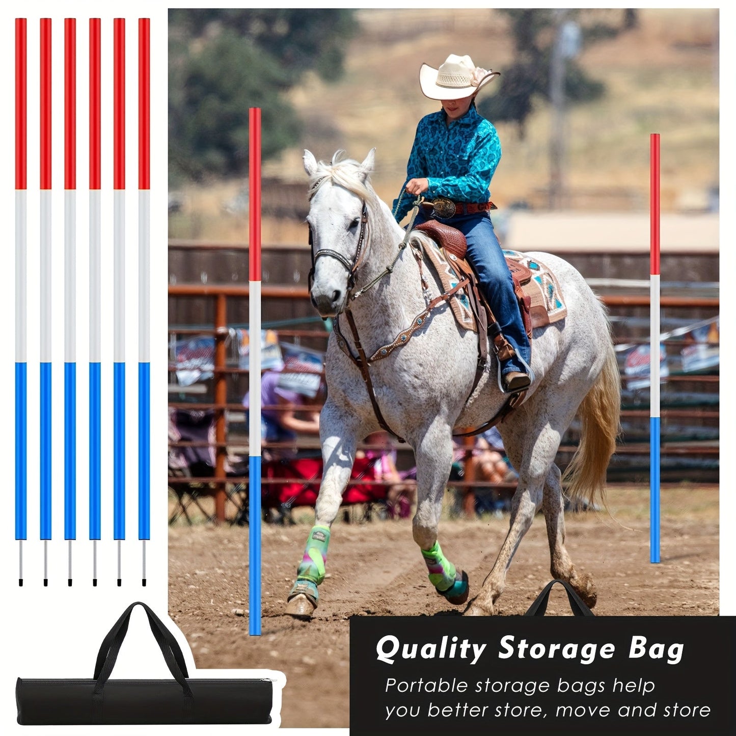 Horse Pole Bending Poles 6pcs 6FT with Carry Bag – Adjustable Equestrian Agility Training Poles for Horses & Dogs, Red White Blue