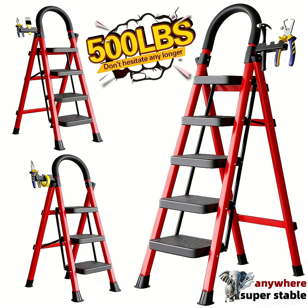 Folding Step Stool Ladder Steel with Anti-Slip Wide Treads & Handrails, Safety Lock, Portable Multi-Step Ladder for Home