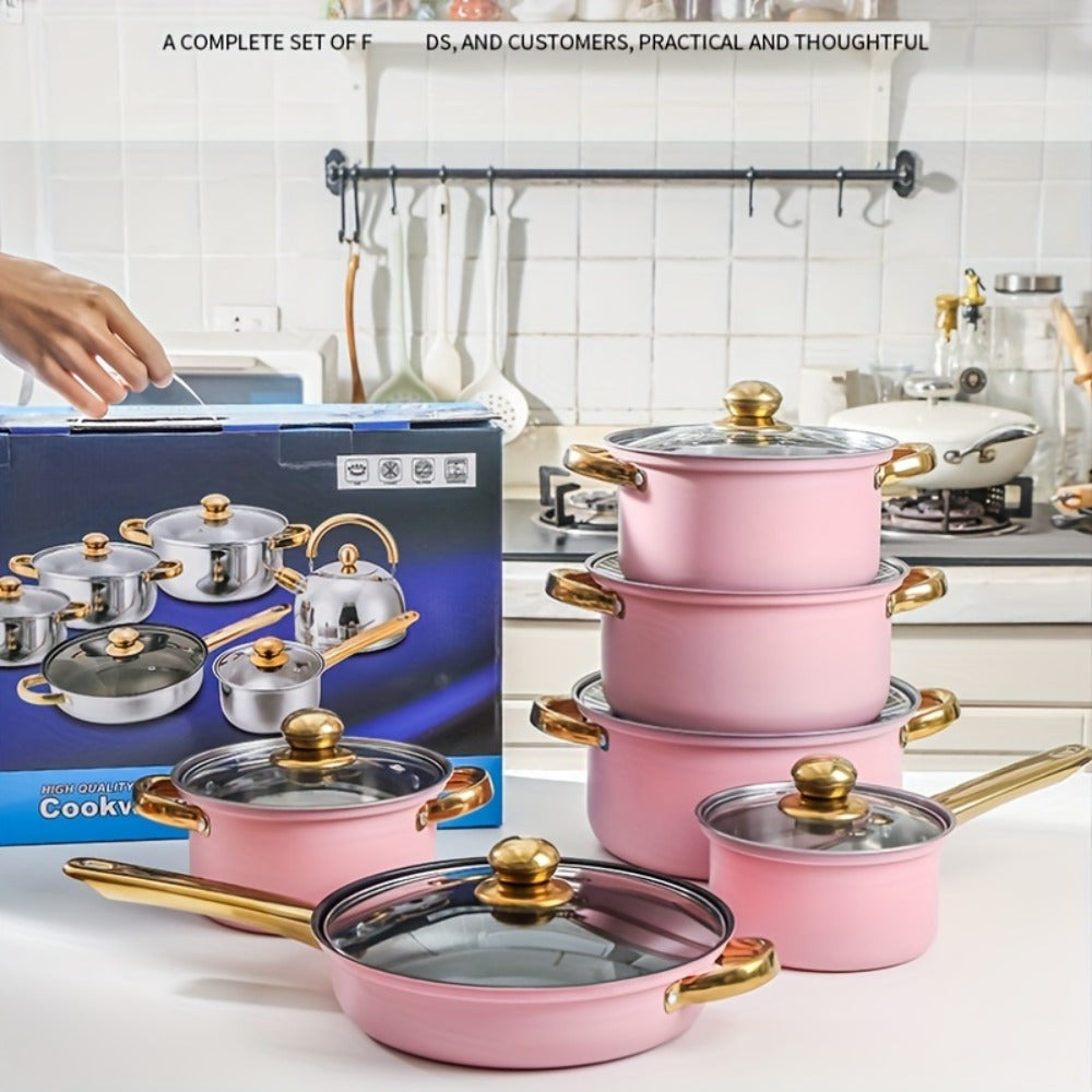 Cookware Set, 10-, 12- or 15-Piece Stainless Steel Deep Pots with Glass Lids, Double Handles and Three Finishes