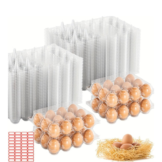 52/104-Pack Clear Plastic Egg Cartons Bulk with Sticker Labels – Reusable 12-Count Egg Containers for Home Farm Market Display