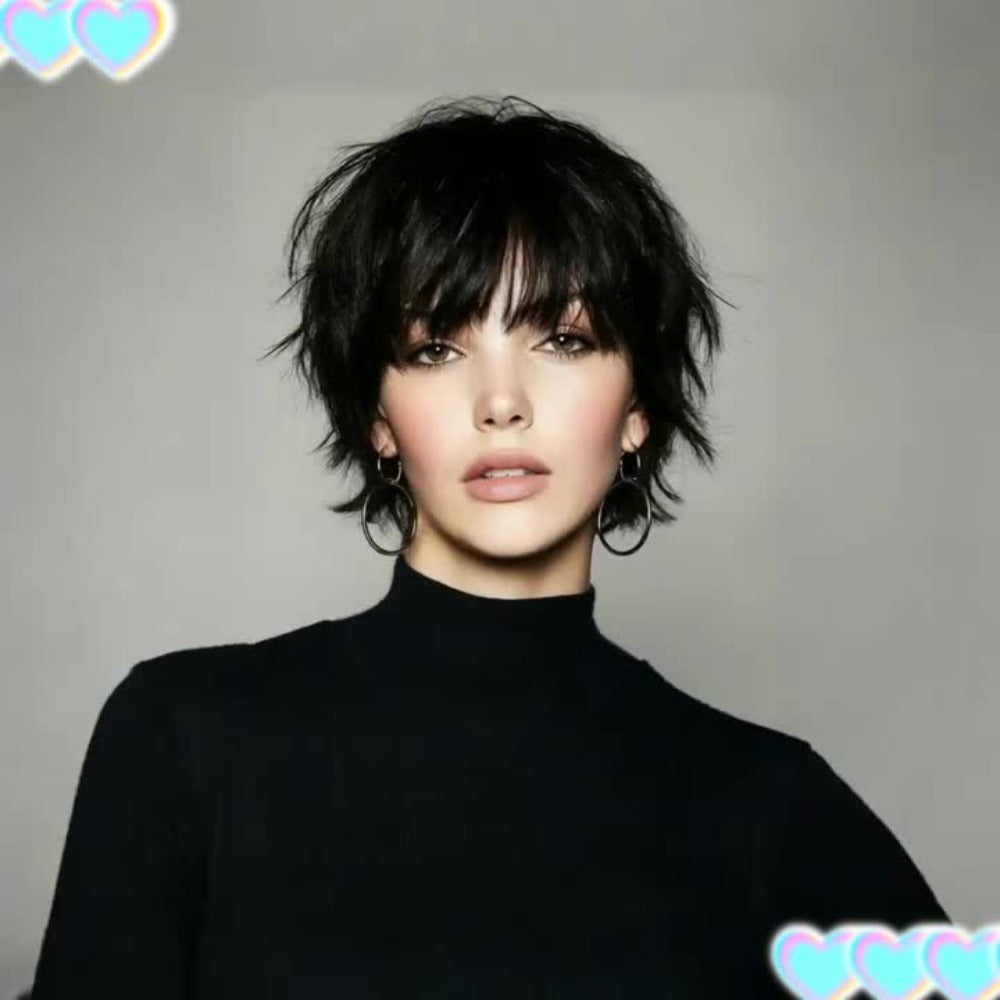 Pixie Cut Wig Human Hair with Bangs Glueless Short Brazilian Layered Machine Made Throw-On-and-Go Hairpiece Natural Black 1B Medium Brown #4