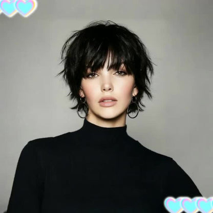 Pixie Cut Wig Human Hair with Bangs Glueless Short Brazilian Layered Machine Made Throw-On-and-Go Hairpiece Natural Black 1B Medium Brown #4