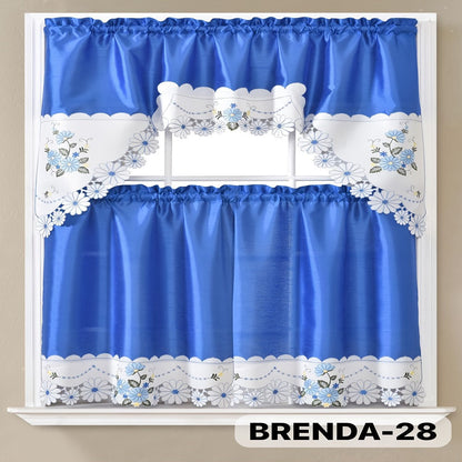 Kitchen Curtains 3 Piece Set Embroidered Satin Valance and Tiers – Rod Pocket Light Filtering Machine Washable 46 Colors