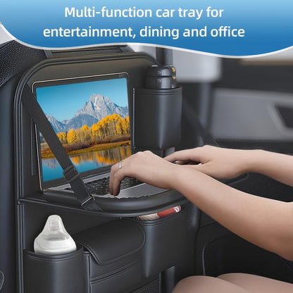 Seatback Car Organizer with Fold-Down Tray, Cup Recesses, Tissue Opening and One- or Two-Piece Packs