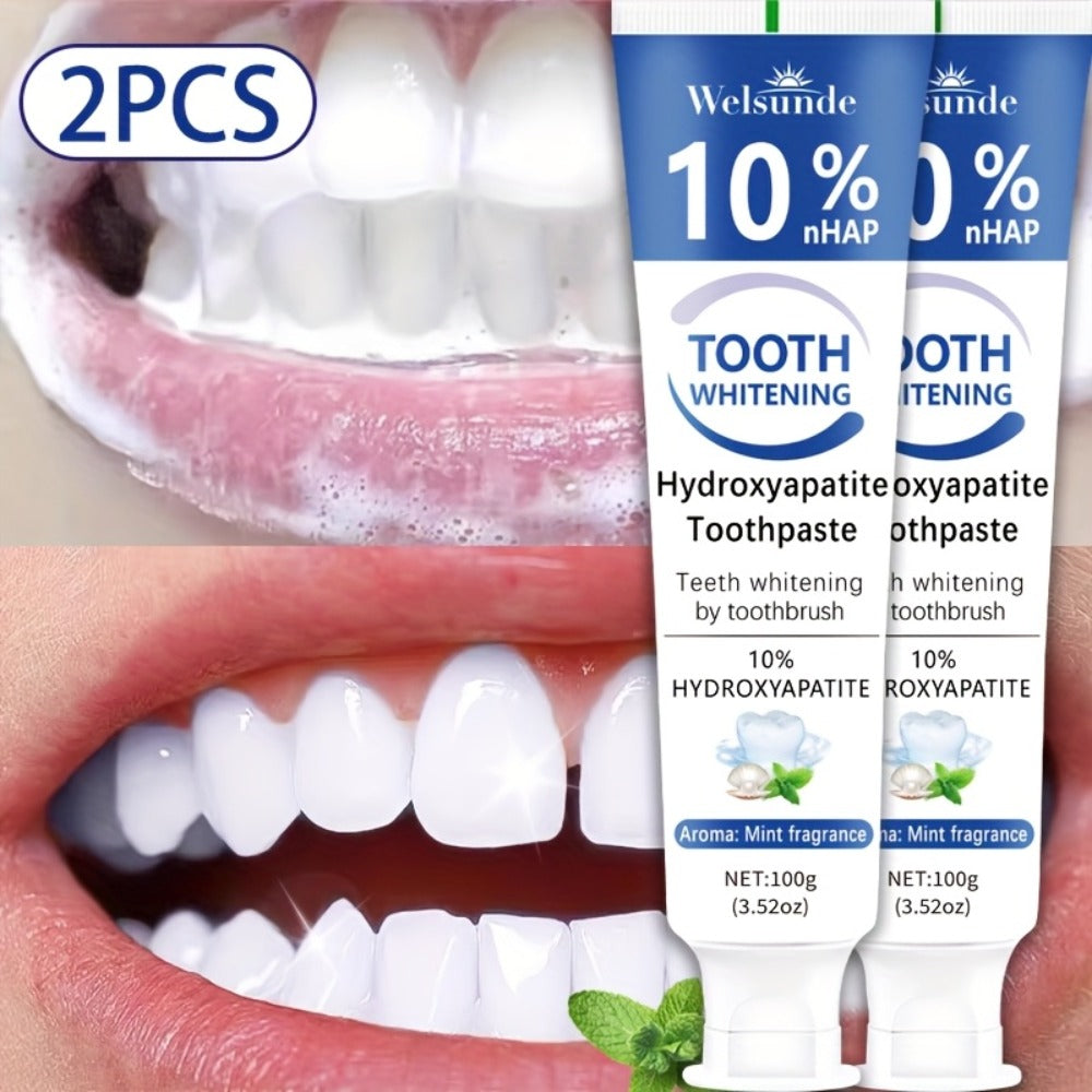 Two-Pack 100g Mint Toothpaste Tubes with 10% Hydroxyapatite Highlighted on the Package Labels