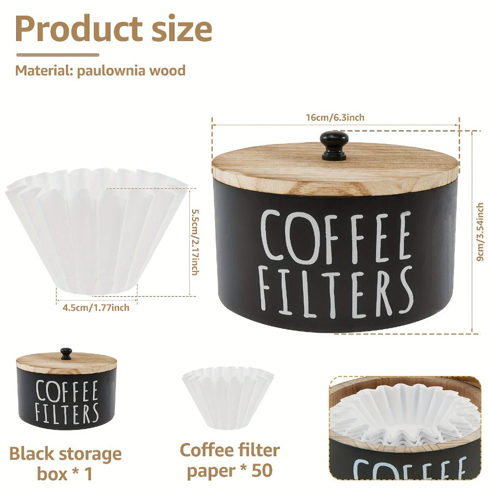 Wooden Coffee Filter Holder with Lid – Large Capacity Rustic Round Organizer Dispenser for Coffee Filters & Tea Bags, Bamboo Lid