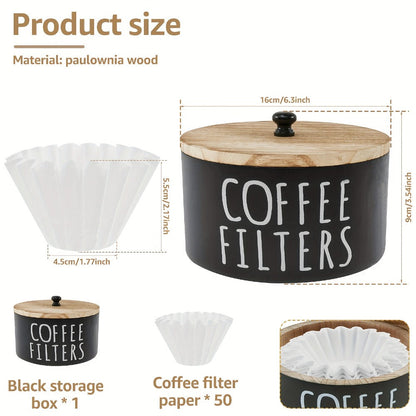 Wooden Coffee Filter Holder with Lid – Large Capacity Rustic Round Organizer Dispenser for Coffee Filters & Tea Bags, Bamboo Lid