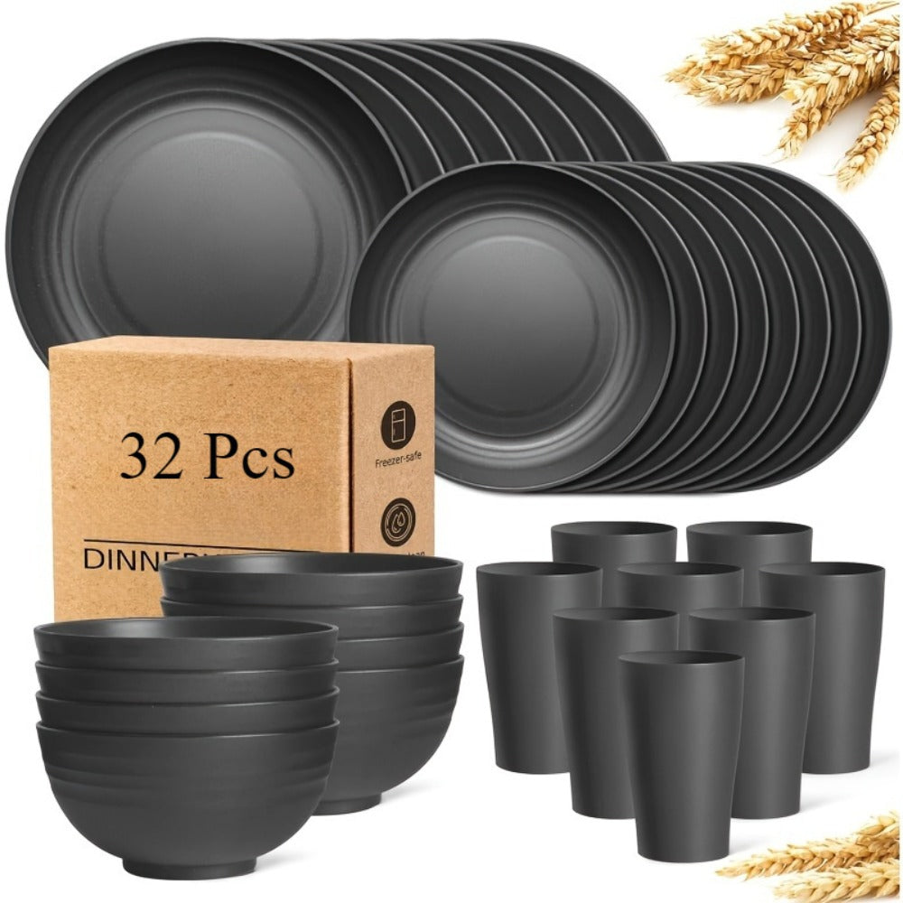Wheat Straw Dinnerware Set Unbreakable 16 or 32-Piece Service for 4 or 8, Lightweight Dishwasher Microwave Safe Dish Set with Plates Bowls